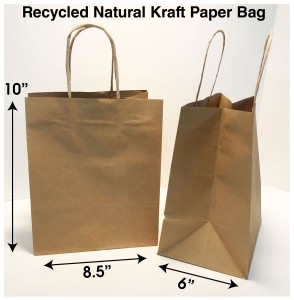 Food Service - 8.5 x 6 x 10 Recycled Paper Shopping Bag, Take Out Bag, 100% Post Consumer Recycled, 100% Recyclable, FSC certified, 6" Gusset Paper, Restaurant Bag, Small