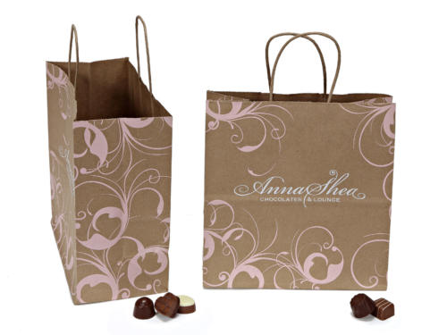 Anna Shea Chocolates  Lounge Shopping Bags Coordinated Packaging, Paper Shopping Bag, Recycled Shopping Bag, Upscale Packaging Design, Twisted Paper Handled Shopping Bag, Natural Kraft Shopping Bag