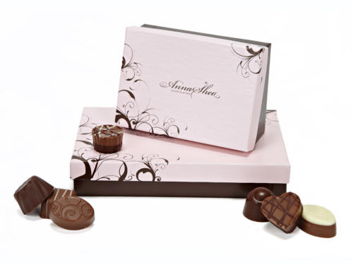 Anna Shea Chocolates, Coordinated Packaging, Chocolate Boxes, Truffle Boxes, Hard set-up Boxes. Custom Boxes, Printed Boxes, Rigid Box, Custom Made Printed boxes,