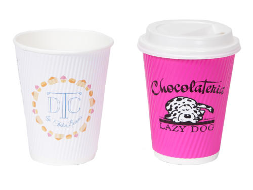 Desert Club Wave Cup Chocolateria Lazy Dog Custom Printed Wave Cups. Logo Hot Cups. These cups do not require sleeves for heat insulation of hot beverages. Printed in full color. Low Minimum. Made in USA.