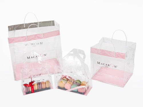 Macaron Ridge Loop Bags Soft Loop Bags, Plastic Shopping Bags, Flat Bottom Bags, Frosty Clear Shopping Bags, Square Bottom Bags, Food Service Bags, Bolsas Plastica, french macarons, cupcakes, bakeries, coffee shops, restaurants, left over and take out.