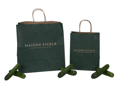 Maison Pickle Kraft Paper Shopping Bags Take Out Bags Recycled Shopping Bag Upscale Packaging Design Twisted Paper Handled Shopping Bag, Recycled And Recyclable FSC Certified Paper Made in the USA