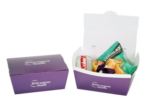 NYU Langone ZT Custom Printed Carry Out Boxes high quality, leak and grease resistant containers will serve everything from hot appetizers to cold desserts. The locking and ventilation features on top of each box keep food warm and fresh, but still allow for easy stacking. Printed Take Out Boxes, Specialty Food Carry Out, White Paper Box, Take Out Box, Grease Resistant Box, Nestable Take-out Boxes, Upscale Packaging Design, Recycled And Recyclable, Made in the USA.
