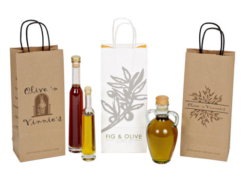Olive 'n Vinnie's Olive Oil Bags Fig  Olive Paper Shopping Bags, Specialty Food Market Bags, Kraft Paper Shopping Bags, Take Out Bags, Recycled Shopping Bag Upscale Packaging Design, Twisted Paper Handled Shopping Bag, Recycled And Recyclable FSC Certified Paper, Made in the USA