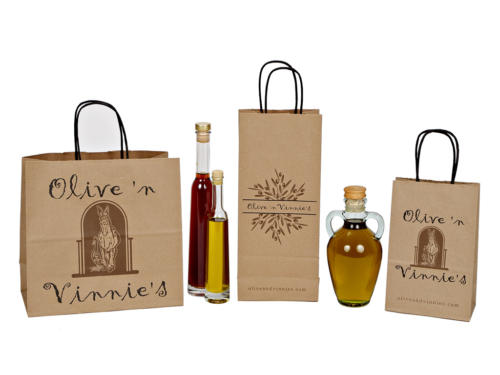 Olive  Vinnies Kraft Paper Shopping Bags Take Out Bags Recycled Shopping Bag Upscale Packaging Design Twisted Paper Handled Shopping Bag, Recycled And Recyclable FSC Certified Paper Made in the USA