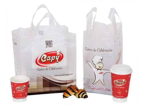 Pasteles Capy Soft Loop Bag and Wave Cups Soft Loop Bags Plastic Shopping Bags Flat Bottom Bags Frosty Clear Shopping Bags Clear Shopping Bags "Custom Printed Hot Cups"