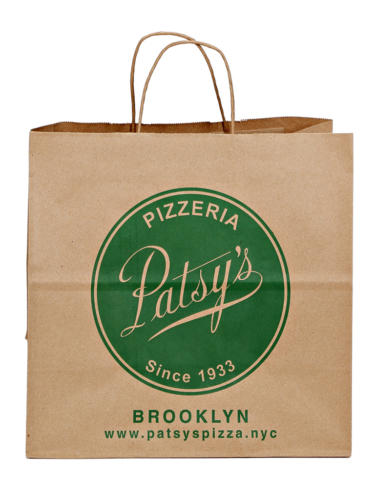 Patsy Pizza Kraft Paper Shopping Bags Take Out Bags Recycled Shopping Bag Upscale Packaging Design Twisted Paper Handled Shopping Bag, Recycled And Recyclable FSC Certified Paper Made in the USA