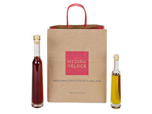 Pizzeria Veloce Kraft Paper Shopping Bags Take Out Bags Recycled Shopping Bag Upscale Packaging Design Twisted Paper Handled Shopping Bag, Recycled And Recyclable FSC Certified Paper Made in the USA