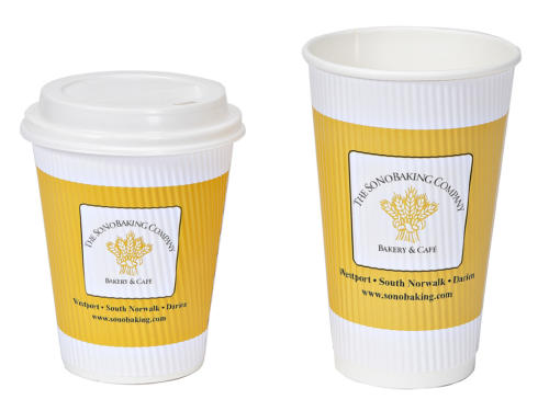 The SoNo Baking Company Wave Cups Assortment Custom Printed Wave Cups. Logo Hot Cups. These cups do not require sleeves for heat insulation of hot beverages. Printed in full color. Low Minimum. Made in USA.