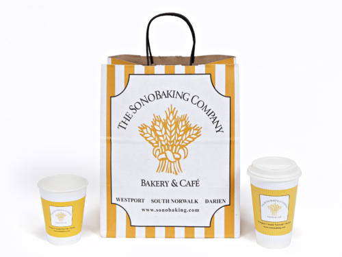 The Sono Baking Company With Wave Cups VersaKraft Paper Shopping Bags White Kraft On One Side and Brown Kraft On The Other Together; Recycled And Recyclable