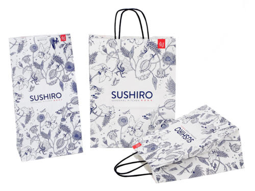 SushiRo White Paper Bags Paper Shopping Bags Take Out Bags Recycled Shopping Bag Upscale Packaging Design Twisted Paper Handled Shopping Bag, Recycled And Recyclable FSC Certified Paper Made in the USA