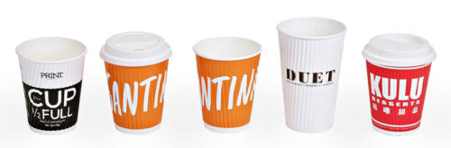Wave Cups Assortment Print Restaurant, Santina, Duet Restaurant  Kulu Desserts Wave Cup Chocolateria Lazy Dog Custom Printed Wave Cups. Logo Hot Cups. These cups do not require sleeves for heat insulation of hot beverages. Printed in full color. Low Minimum. Made in USA.