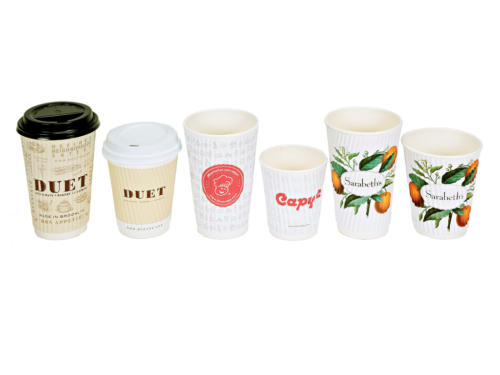 Custom Printed Wave Cups Duet, Pasteles Capy  Sarabet's Custom Printed Wave Cups. Logo Hot Cups. These cups do not require sleeves for heat insulation of hot beverages. Printed in full color. Low Minimum. Made in USA.