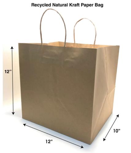 Food Service - 12 x 10 x 12 Recycled Paper Shopping Bag, Take Out Bag, 100 Post Consumer Recycled, 100% Recyclable, FSC certified, 10" Gusset Paper, Restaurant Bag, Large