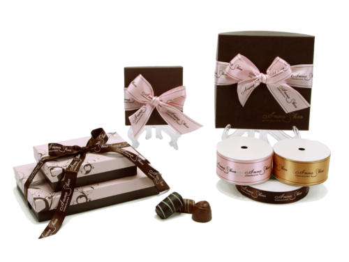 Anna Shea Chocolates Ribboned Boxes Ribbon Custom Printed Ribbon Custom Grosgrain Ribbon Custom Satin Ribbon Custom Twill Ribbon